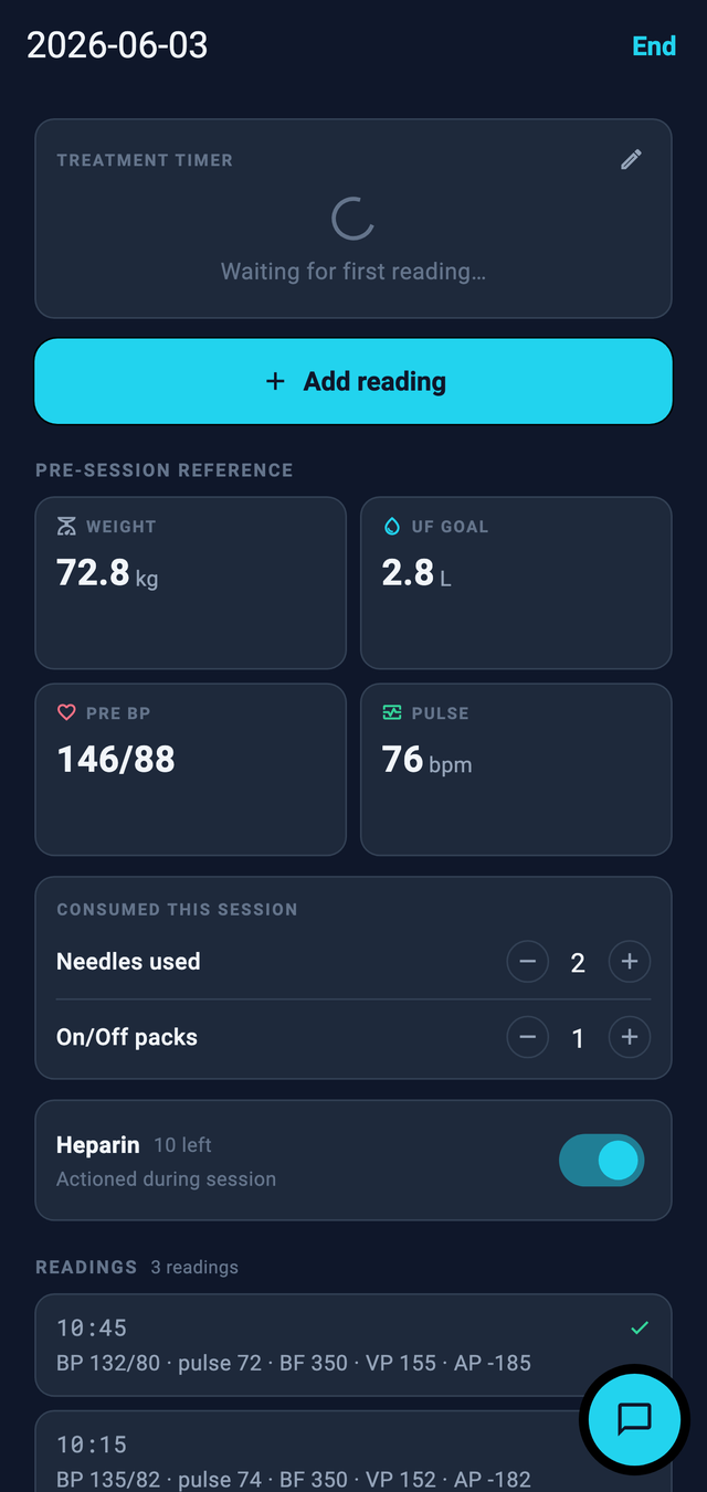 Logging a live treatment session with timed readings, fluid goal, and supplies used