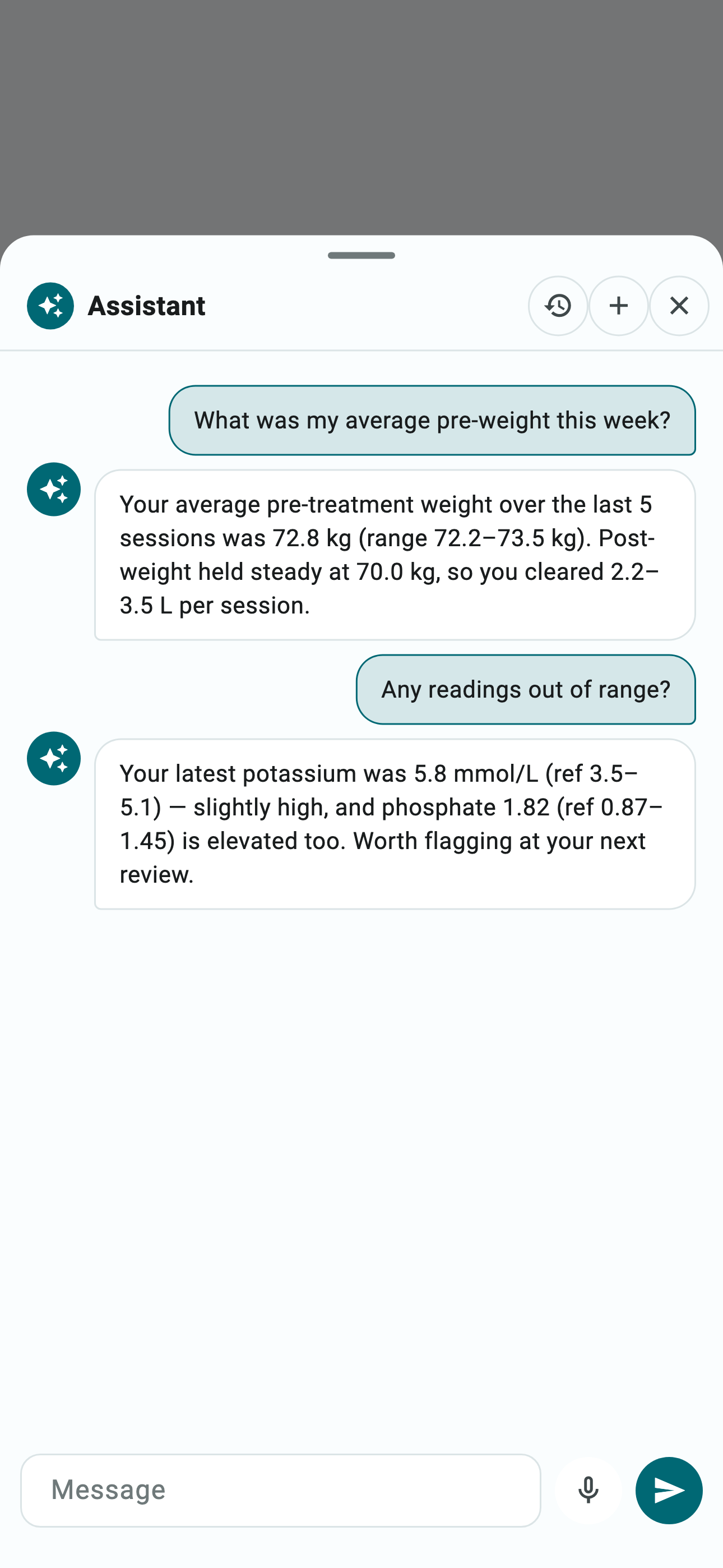 The in-app AI assistant answering a question about health data in a chat thread