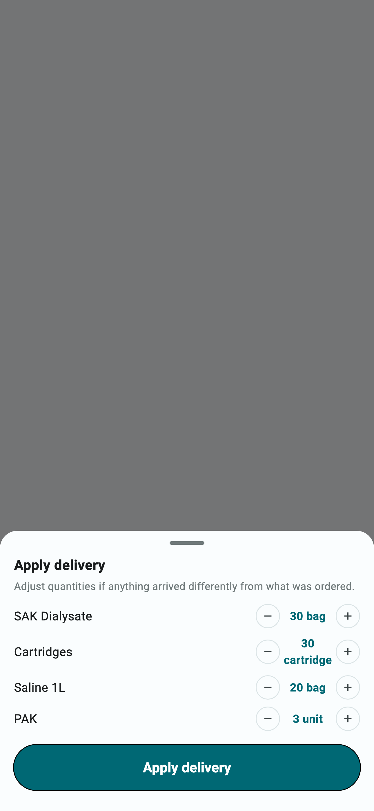 Apply-delivery sheet with stepper controls to confirm the quantities that actually arrived