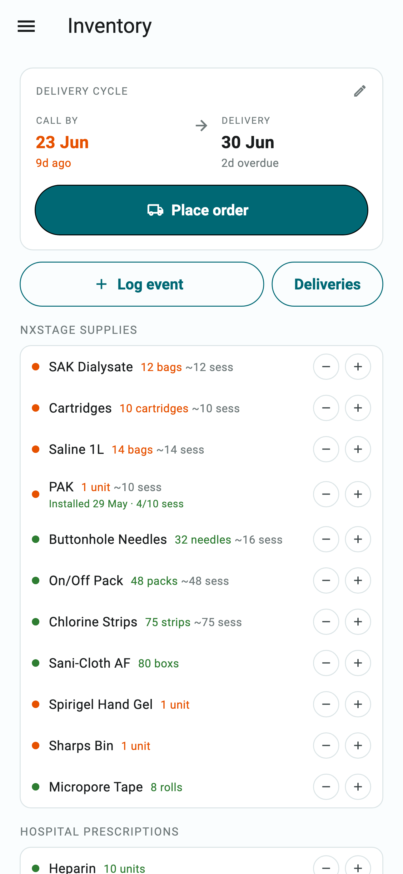 Inventory screen listing consumables with current stock and a coloured status dot per item