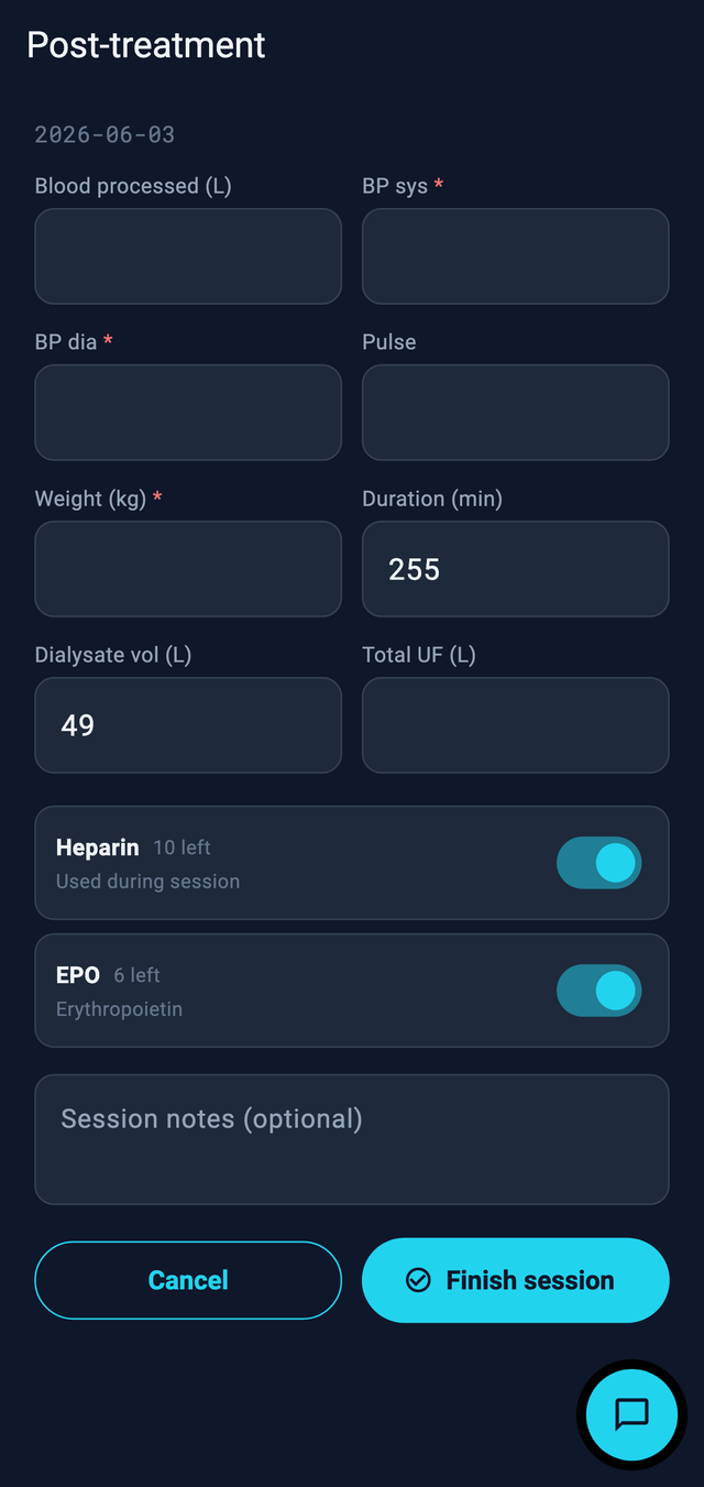 Post-treatment summary with final weight, blood pressure, duration and totals