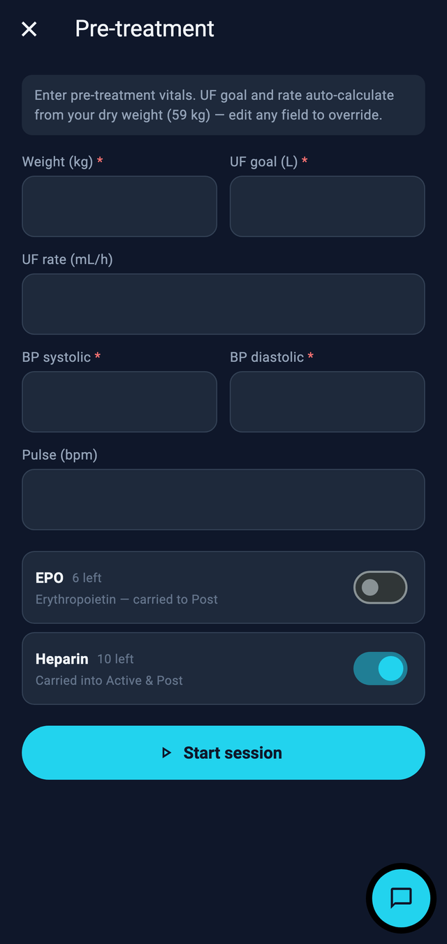 Pre-treatment form with weight, fluid goal, blood pressure and pulse fields, plus medication carry-over toggles