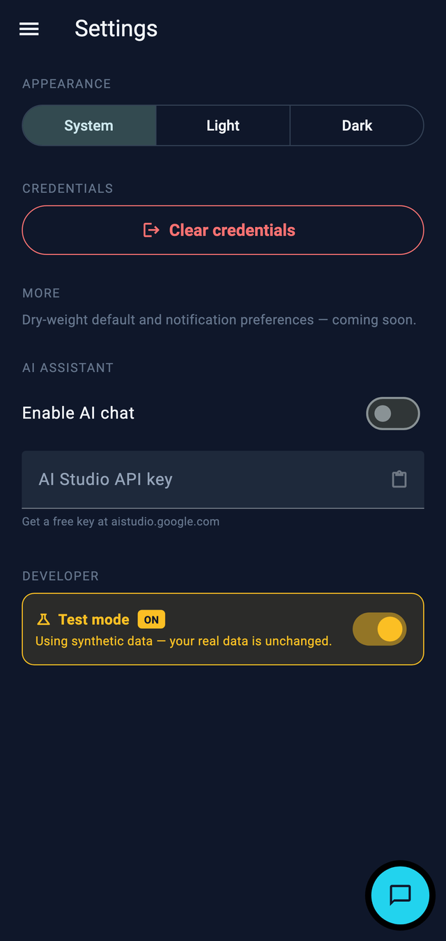 Settings screen with data export and app options