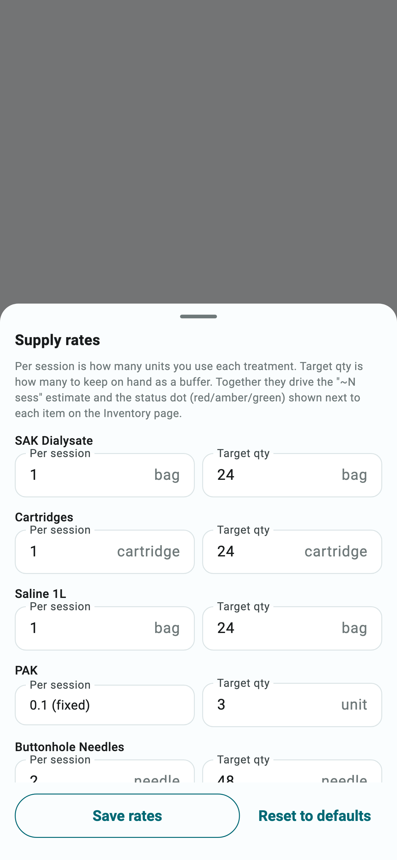 Supply-rates sheet setting per-session usage and a target buffer quantity for each item