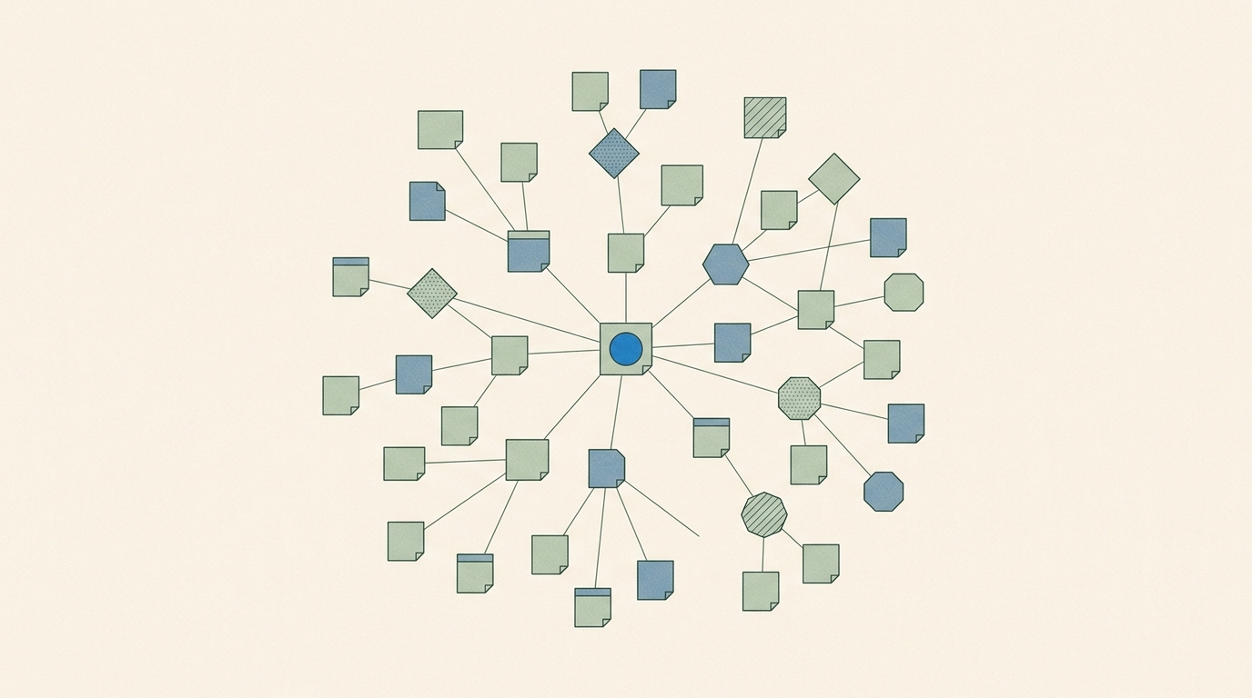 A loose web of small note cards connected by lines, a few cards distinguished by shape to imply different note kinds — preference, fact, decision — evoking an Obsidian graph view