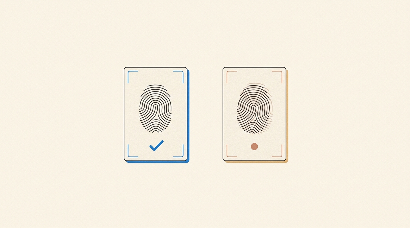 Two nearly-identical client identity cards side by side — one accepted with a checkmark, one slightly misaligned with a warning dot