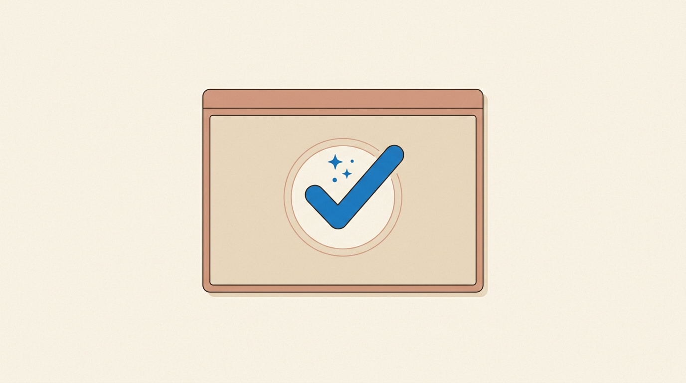 A terminal window whose screen shows a single large OK checkmark badge, with a small sparkle above — a successful smoke test