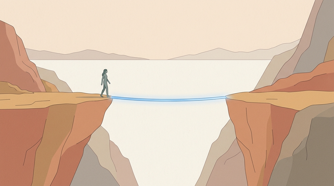 A slender bridge of soft glowing lines forming across a gap between two cliff edges, symbolising confidence spanning the distance