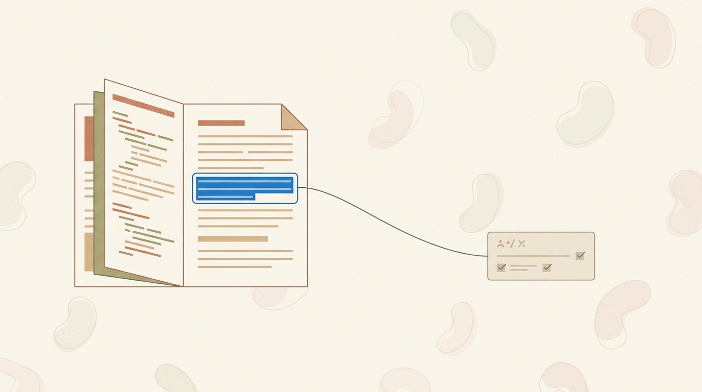 An answer card tethered by a thread to a highlighted source passage, showing a grounded citation