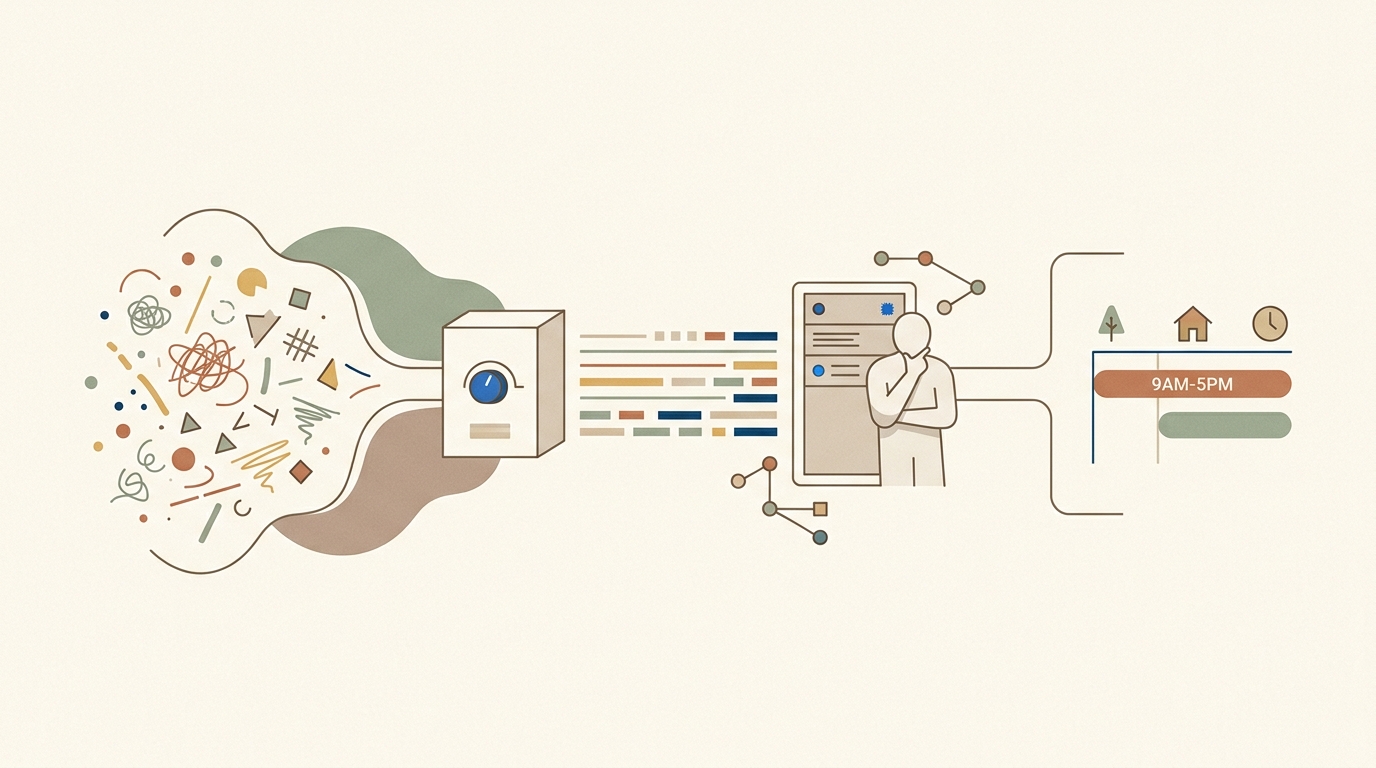 A left-to-right pipeline turning scattered raw personal data into clean legible signals, then into an assistant that reasons, then into a calm planned day