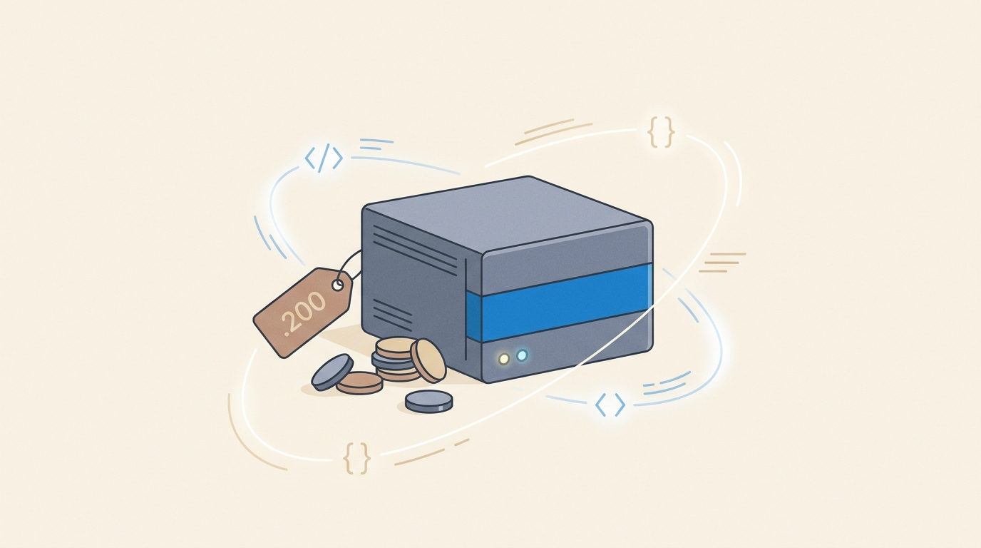 A GPU server box at the centre with a small price tag and a few coins, code-bracket motifs orbiting it