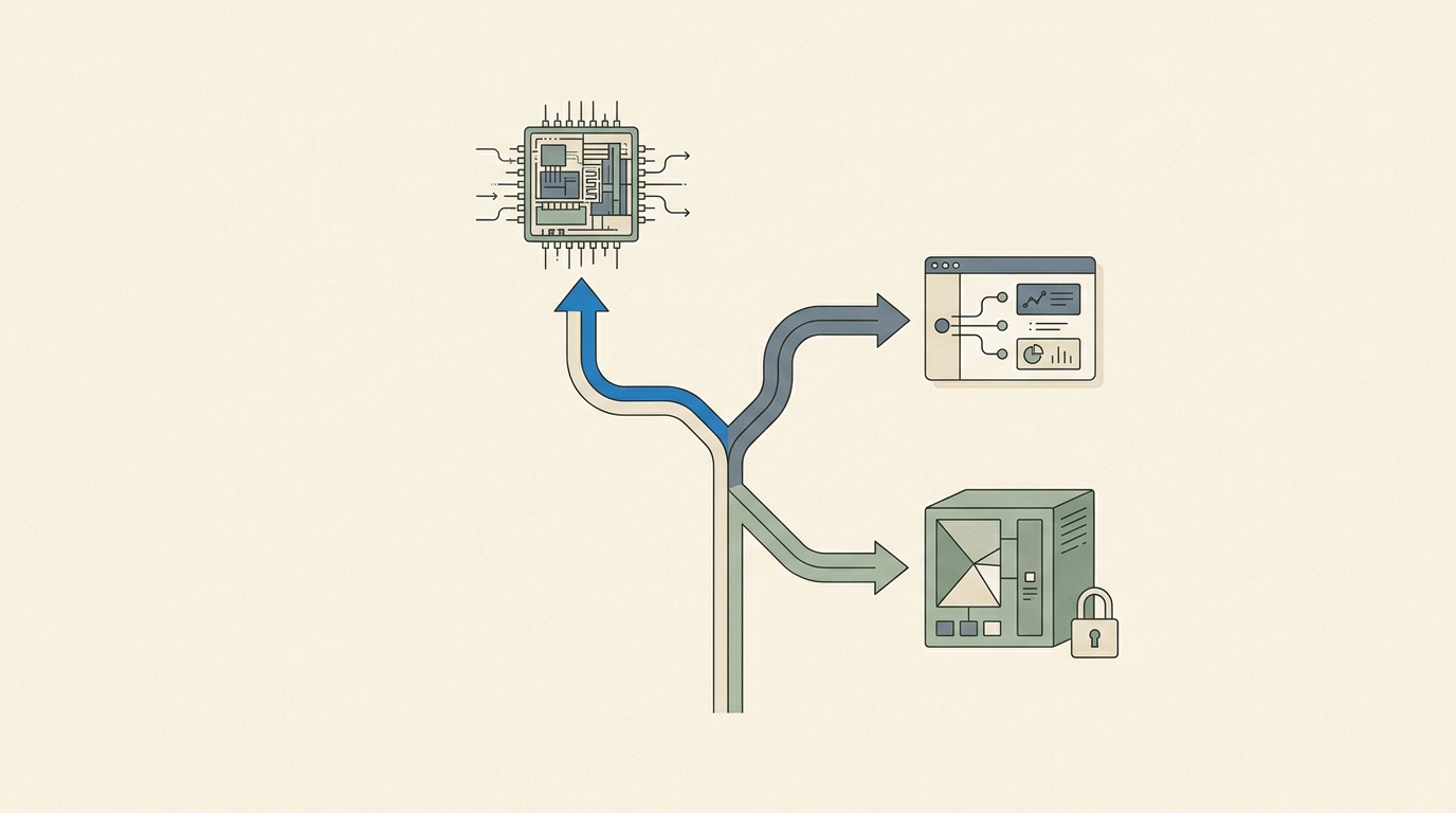 A decision fork branching on one question: text-plus-coordinates leading to a small CPU pipeline, or document understanding leading to a hosted API, with a third rarely-taken path to a self-hosted vision model behind a privacy padlock