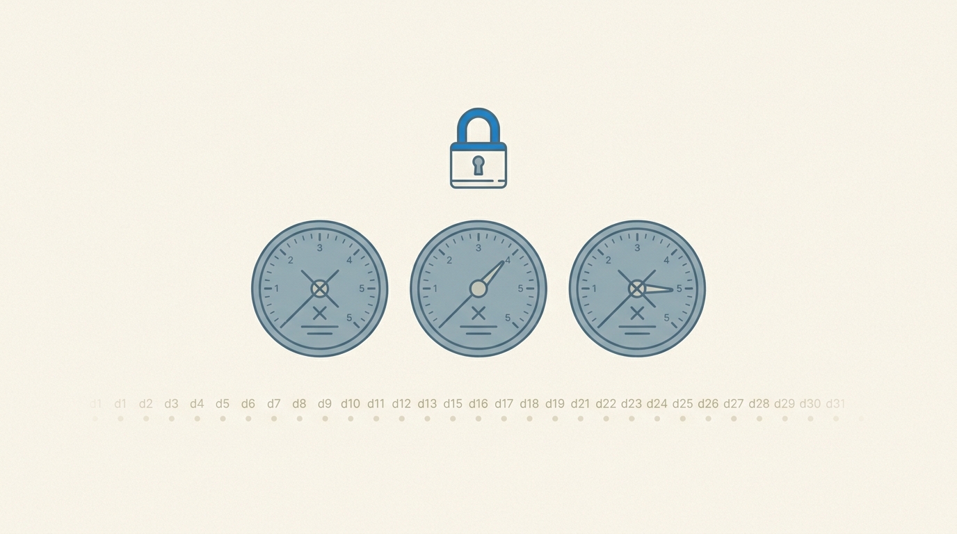 A padlock over a row of dials, with a calendar strip underneath suggesting settings locked for the duration of the trial