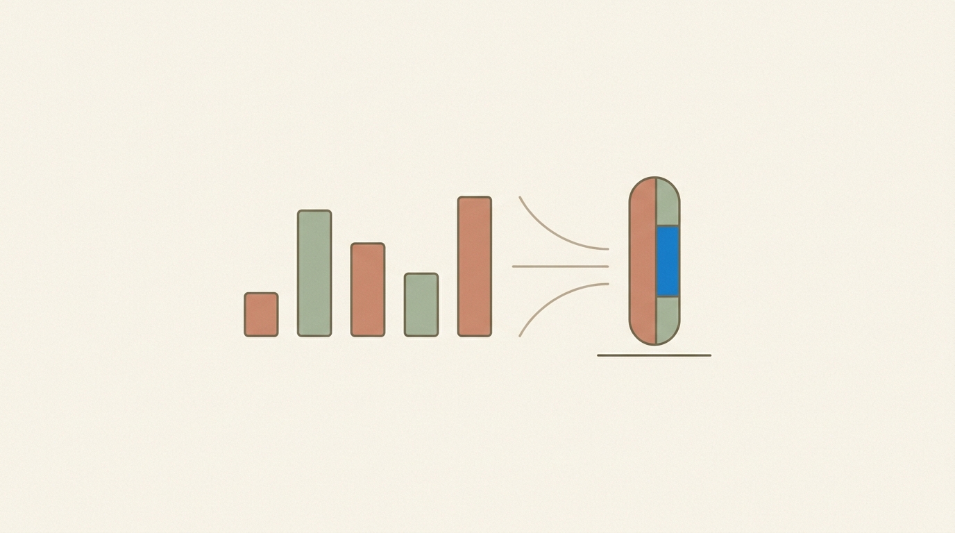 A row of session bars across a week consolidating into a single weekly adequacy gauge sitting just above a target line